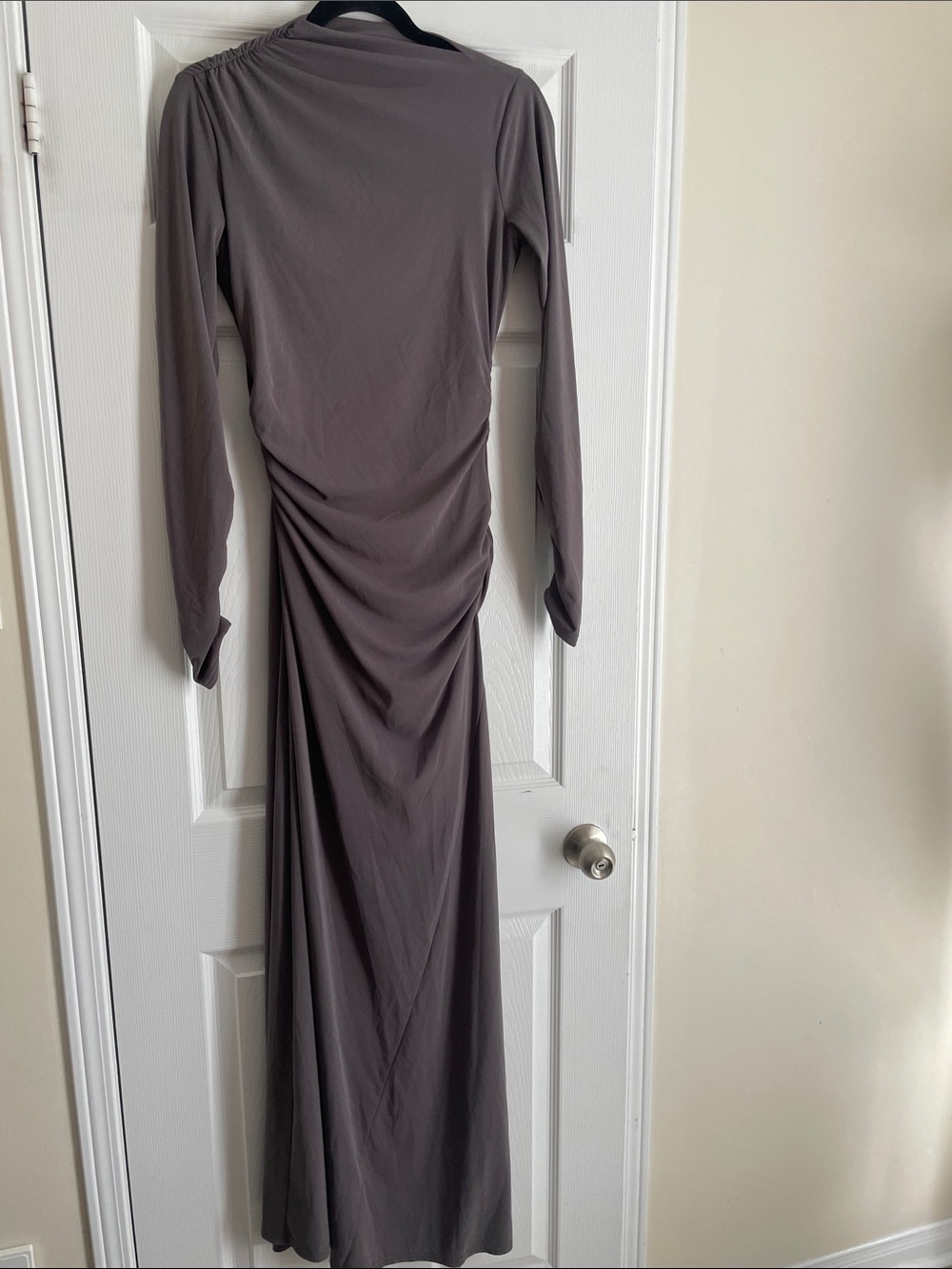 Zara Long-Sleeve Ruched Maxi Dress in Taupe